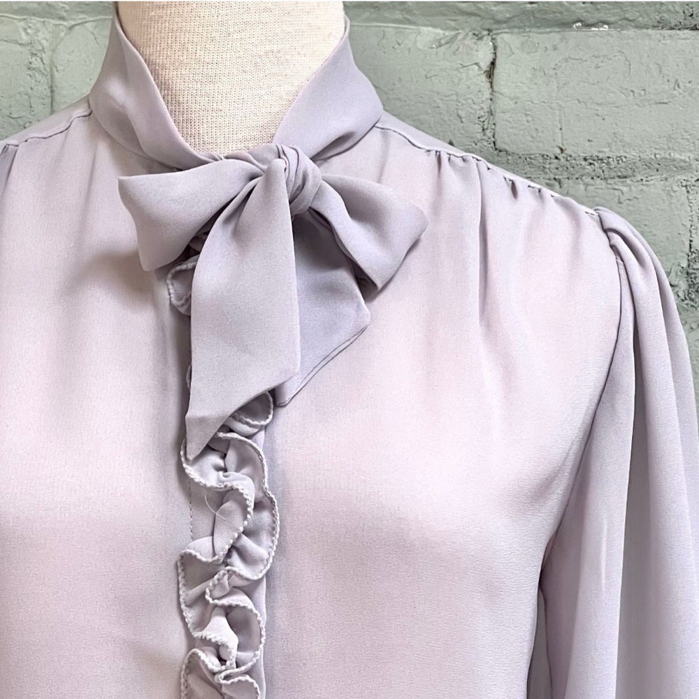 Vintage Sheer Gray Long Sleeve Ruffle Blouse with Bow Tie Collar - Picture 1 of 8